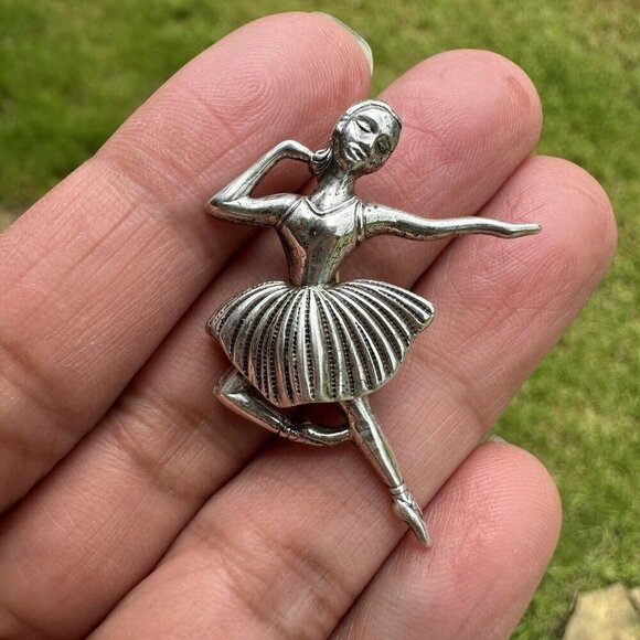 VTG Brooch Pin 1.5" Ballerina Dancer Art Deco MCM 925 Sterling Silver 3.2g - Picture 2 of 6